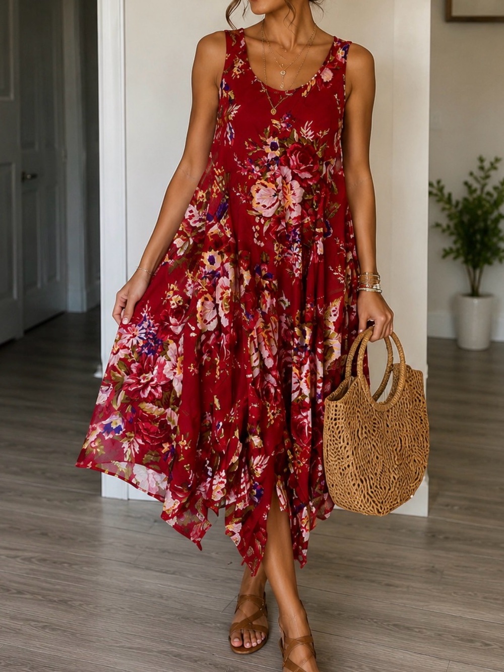 Sleeveless Floral Handkerchief Hem Maxi Dress - Red